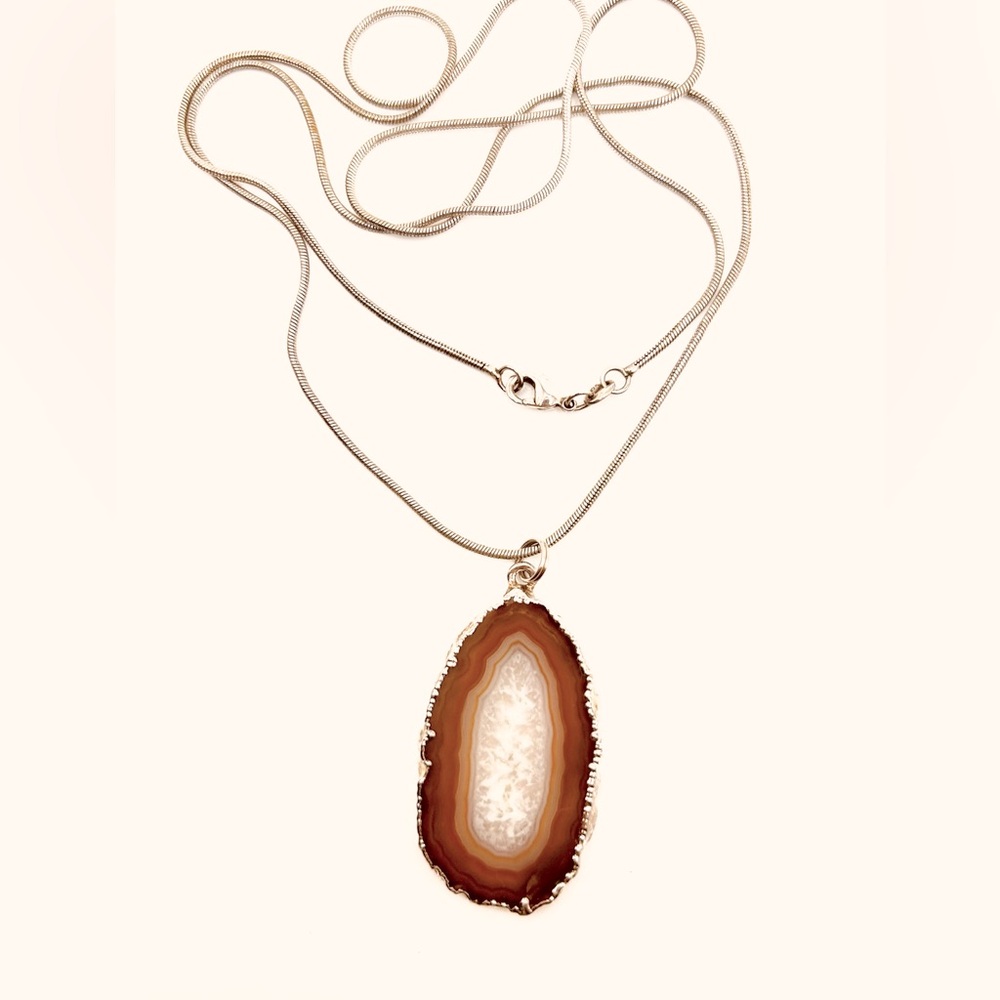 Mystic agate slice crystal on a signed 925 sterling silver 26” chain necklace